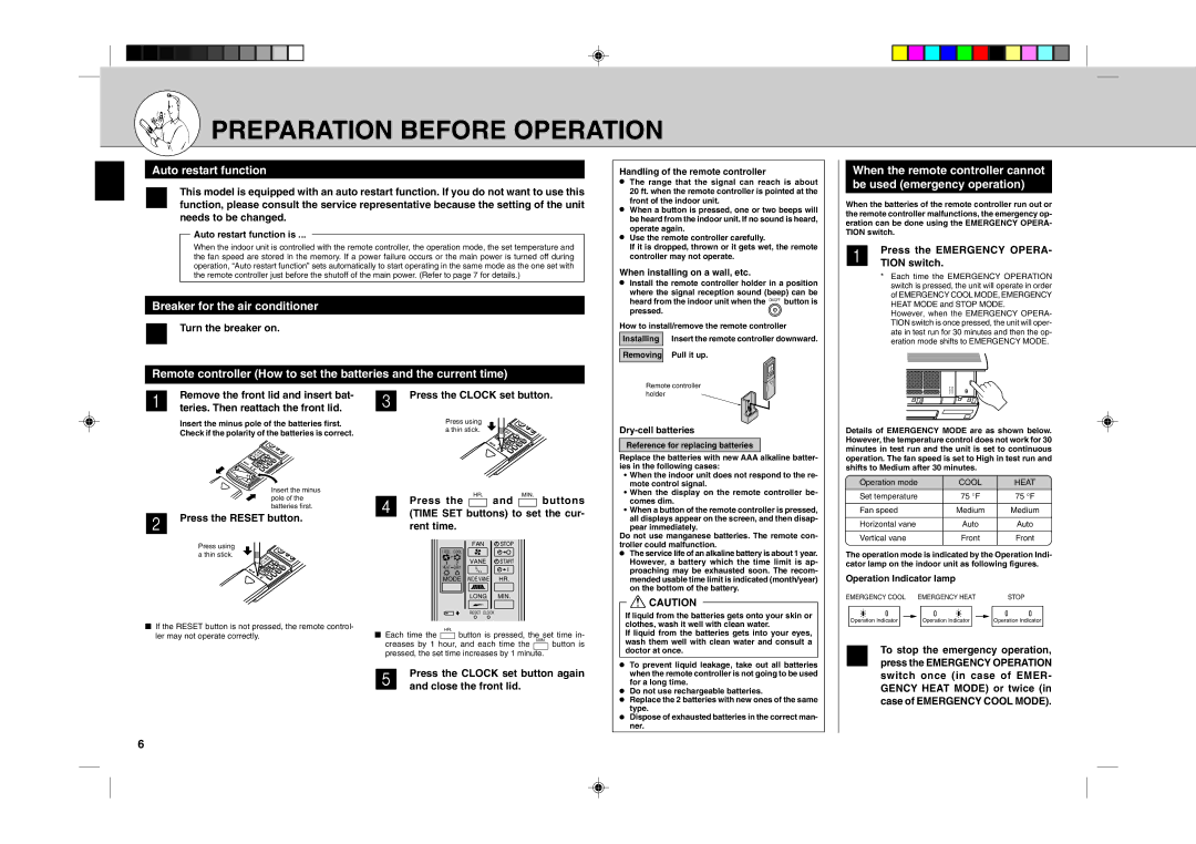 Mitsubishi Electronics MSH24WN Preparation Before Operation, Auto restart function, Breaker for the air conditioner 