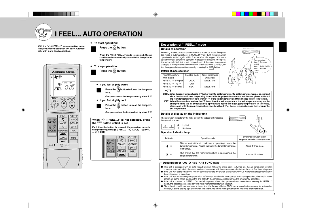 Mitsubishi Electronics MSH24WN operating instructions FEEL... Auto Operation, Description of I FEEL... mode 