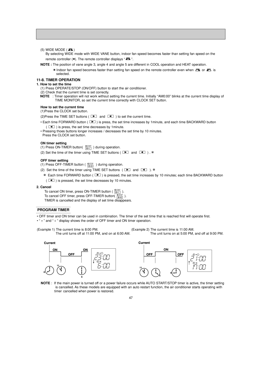 Mitsubishi Electronics MSZ-A09NA, MSY-A24NA, MSY-A15NA, MSY-A17NA, MSZ-A17NA, MSZ-A15NA Timer Operation, Program Timer 