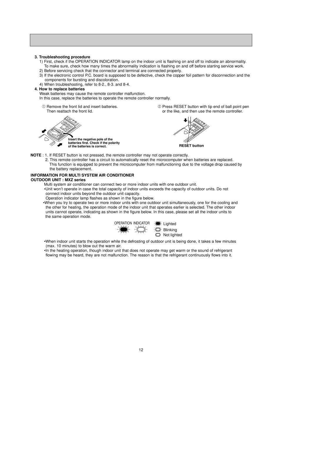 Mitsubishi Electronics MSZ-A15NA, MSY-A24NA Troubleshooting procedure, How to replace batteries, Outdoor Unit MXZ series 