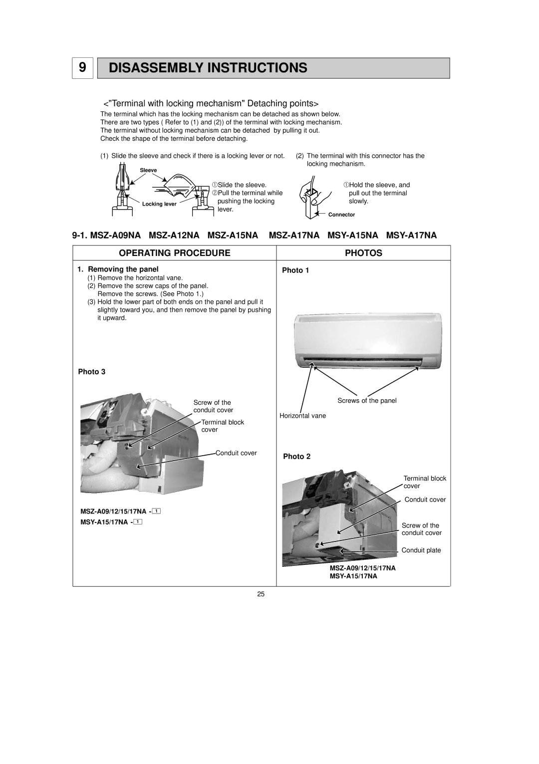 Mitsubishi Electronics MSY-A15NA Disassembly Instructions, Removing the panel Photo, MSZ-A09/12/15/17NA MSY-A15/17NA 