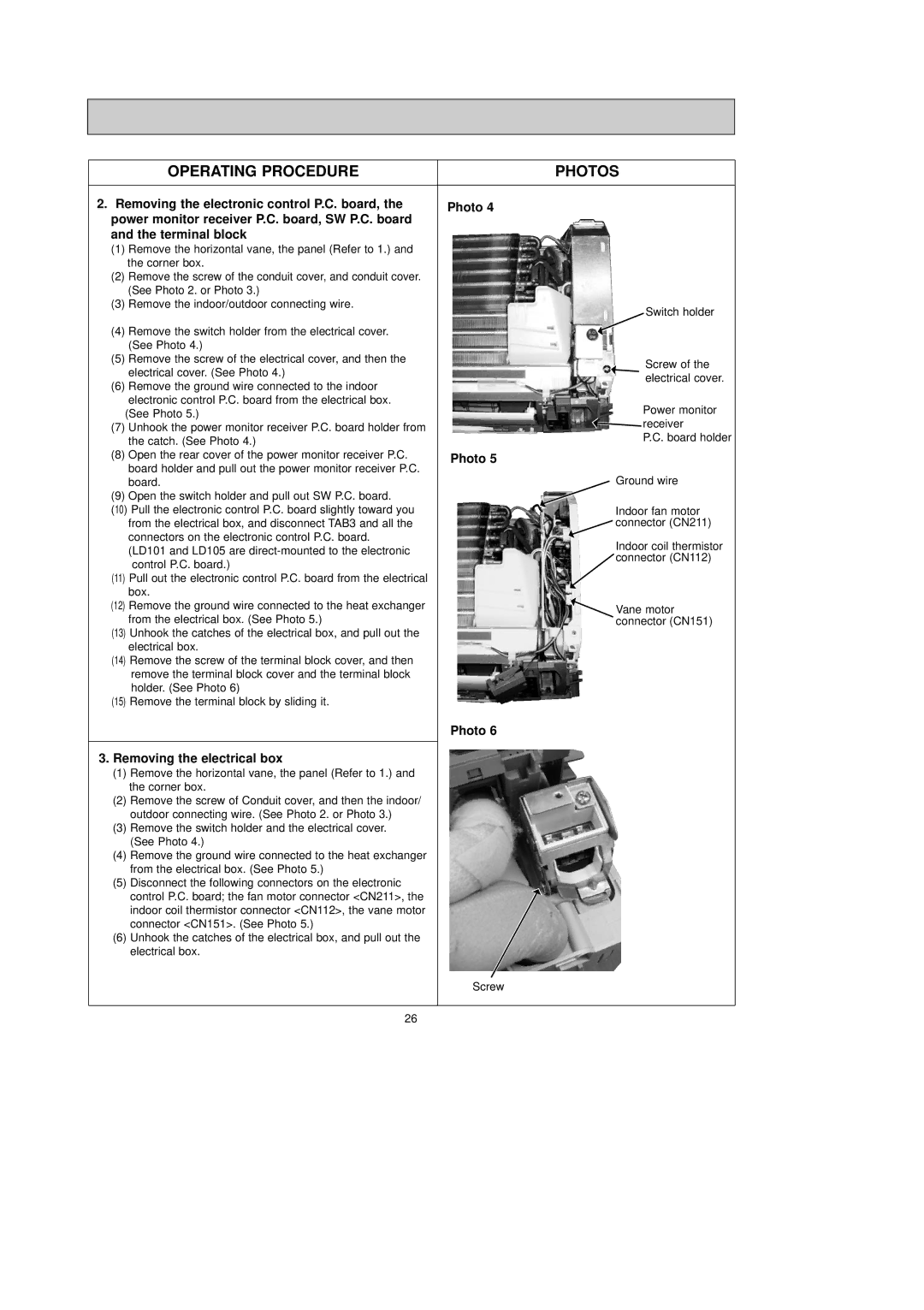 Mitsubishi Electronics MSY-A17NA, MSY-A24NA, MSY-A15NA Operating Procedure Photos, Photo Removing the electrical box 