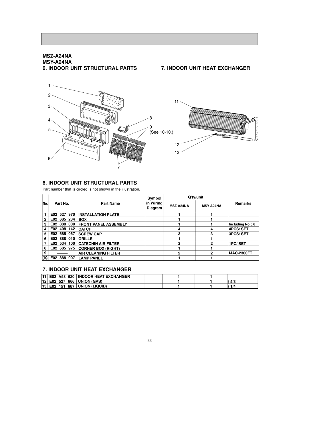 Mitsubishi Electronics MSY-A15NA, MSY-A24NA, MSY-A17NA Front Panel Assembly, Catch, Screw CAP, Grille, Catechin AIR Filter 