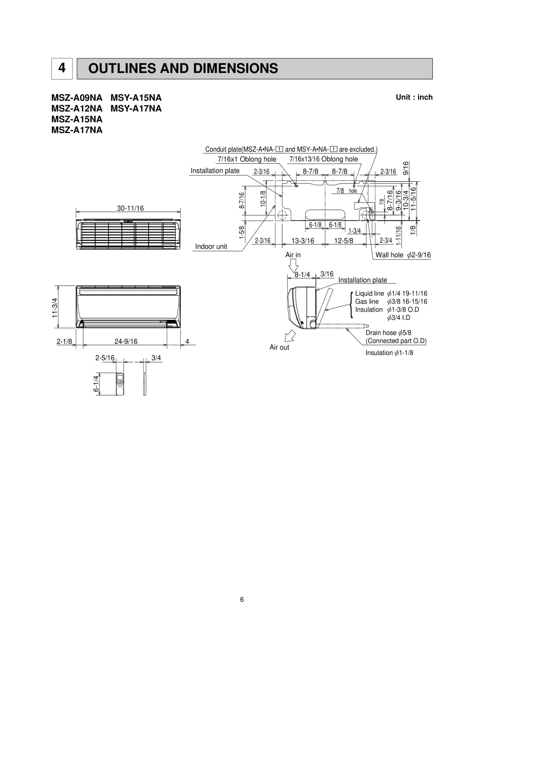 Mitsubishi Electronics MSZ-A24NA Outlines and Dimensions, MSZ-A09NA MSY-A15NA MSZ-A12NA MSY-A17NA MSZ-A15NA MSZ-A17NA 