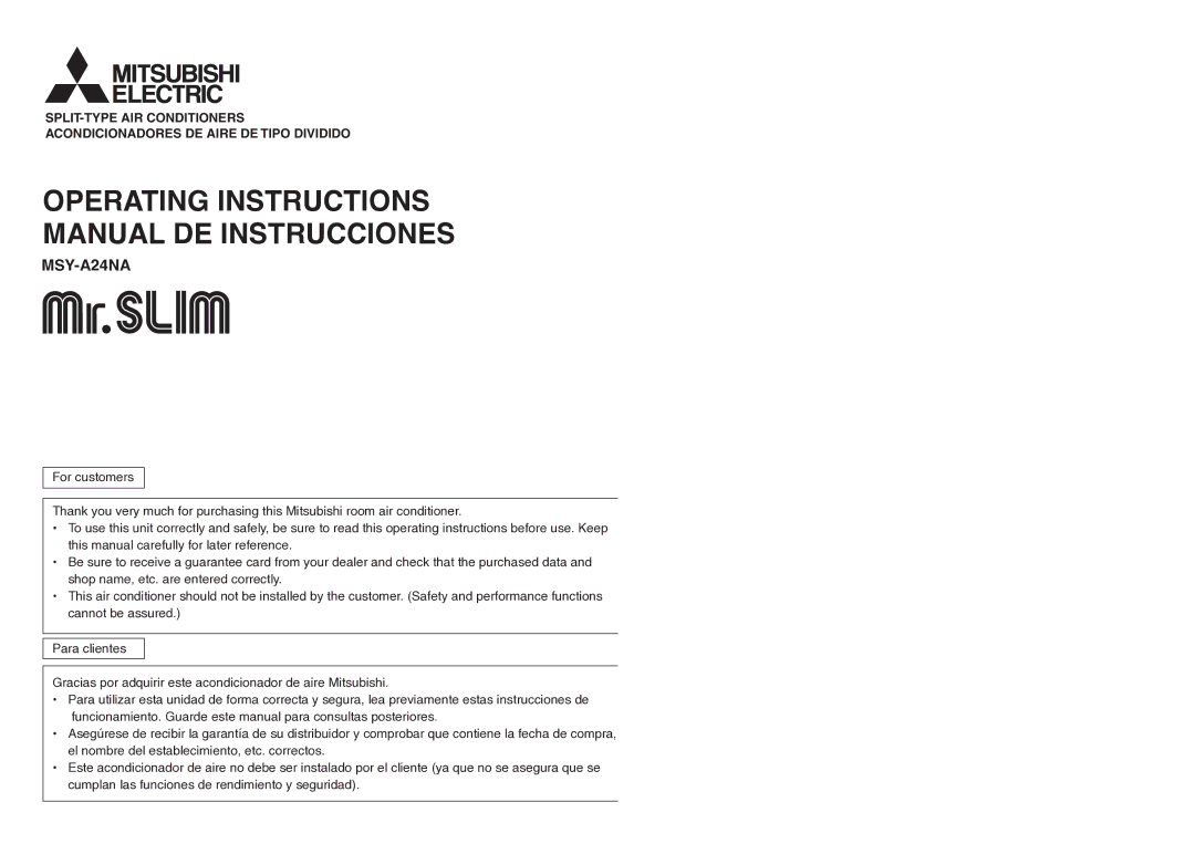 Mitsubishi Electronics MSY-A24NA manual Operating Instructions Manual DE Instrucciones 