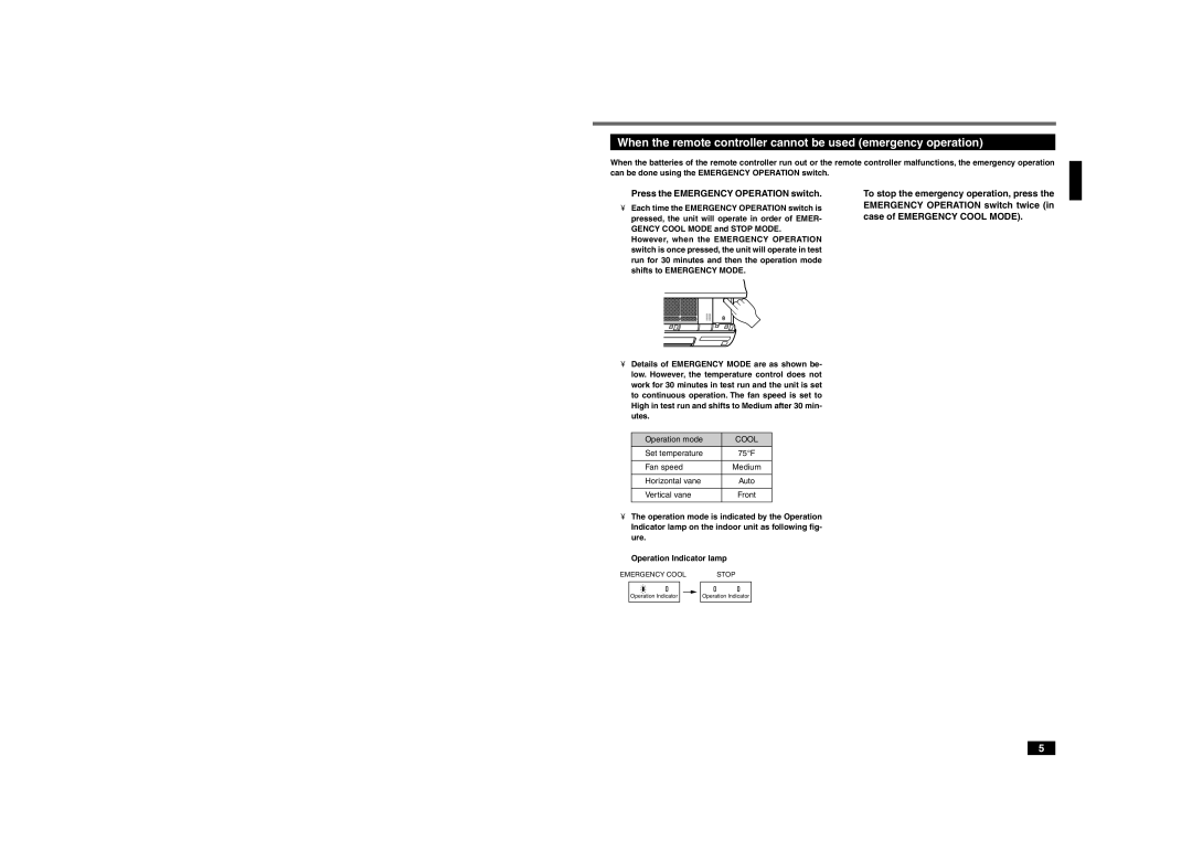 Mitsubishi Electronics MSY-A24NA manual Emergency Operation switch twice, Case of Emergency Cool Mode 