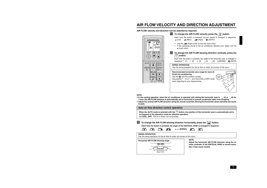 Mitsubishi Electronics MSY-A24NA manual Manual Operation COOL, DRY, FAN, To select the COOL, DRY or FAN mode 