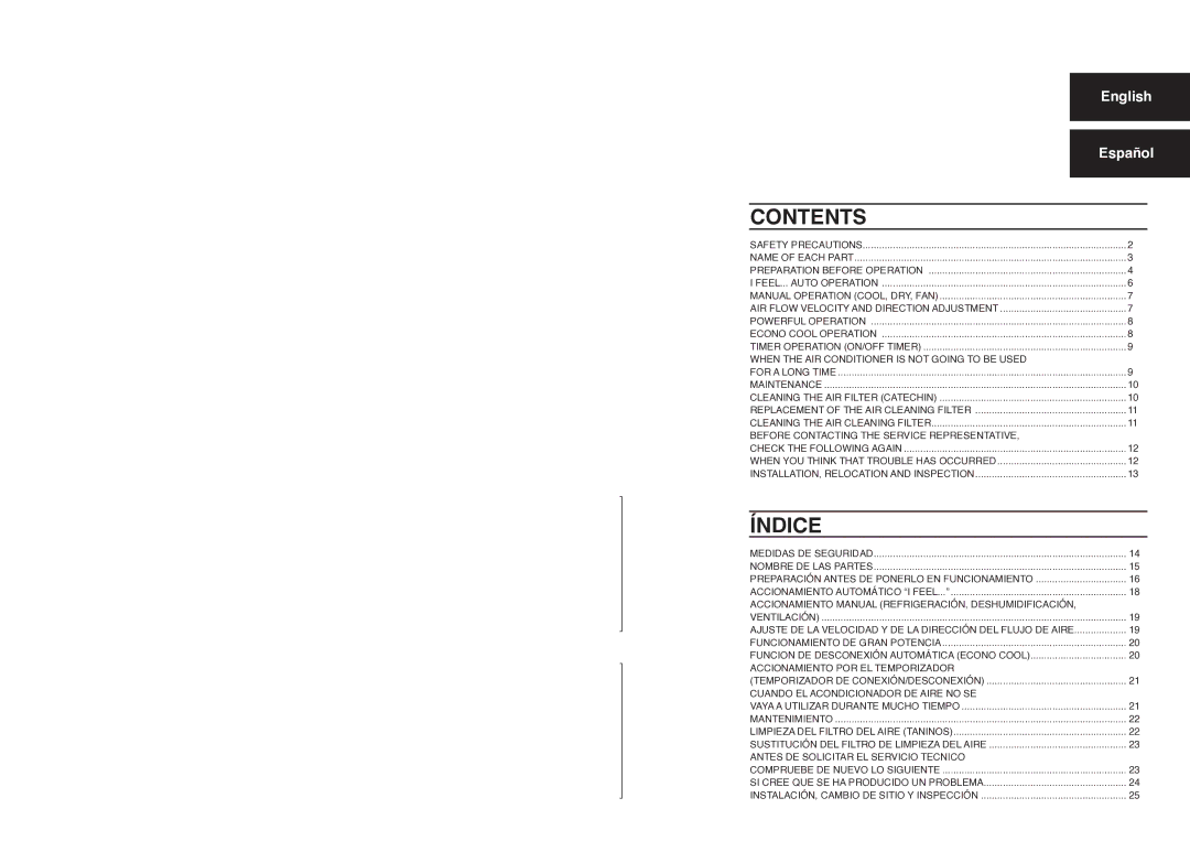 Mitsubishi Electronics MSY-A24NA manual Contents, Índice 