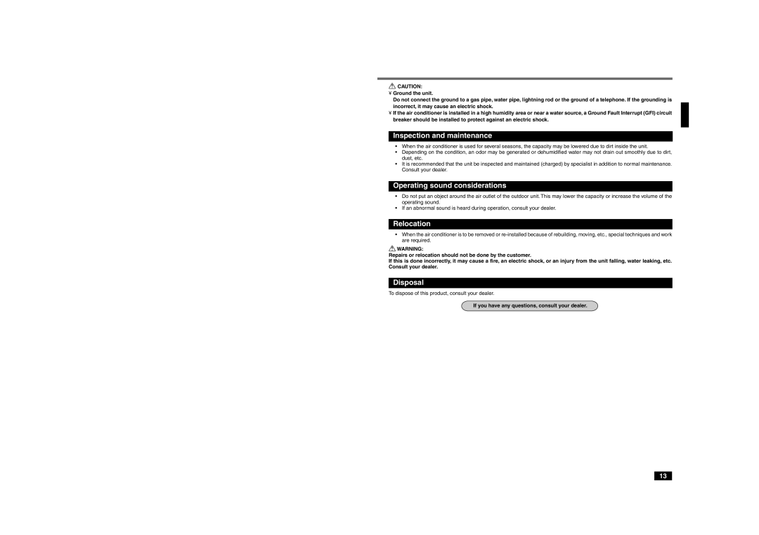 Mitsubishi Electronics MSY-A24NA manual Inspection and maintenance, Operating sound considerations, Relocation, Disposal 