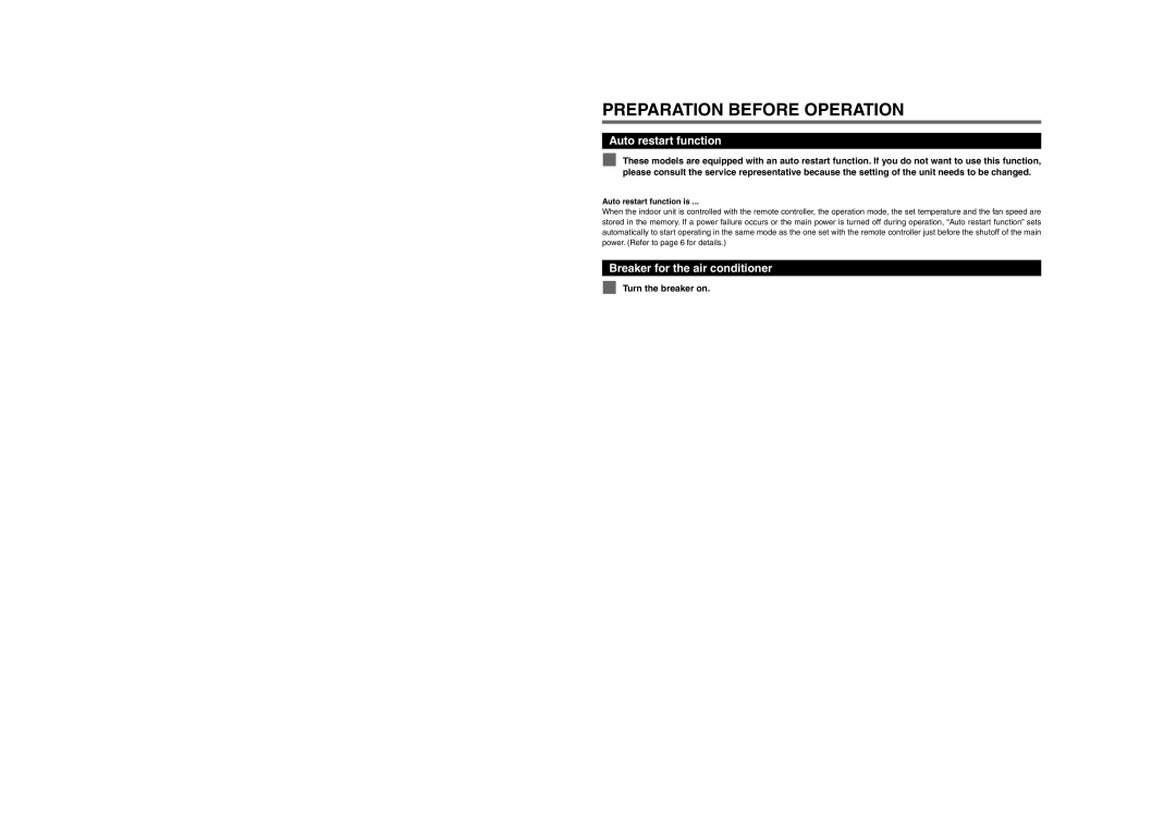 Mitsubishi Electronics MSY-A24NA Preparation Before Operation, Auto restart function, Breaker for the air conditioner 