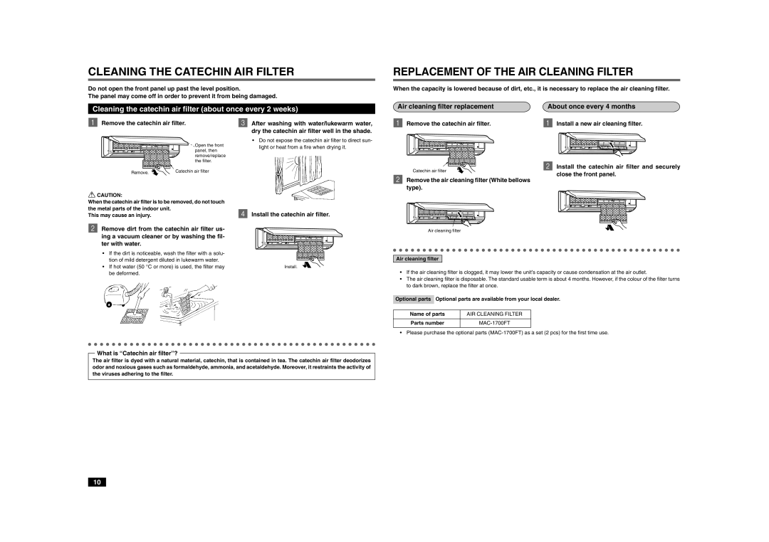 Mitsubishi Electronics MSZ-A24YV, MSZ-A30YV, MSZ-A18YV, MSZ-A26YV operating instructions Cleaning the Catechin AIR Filter 