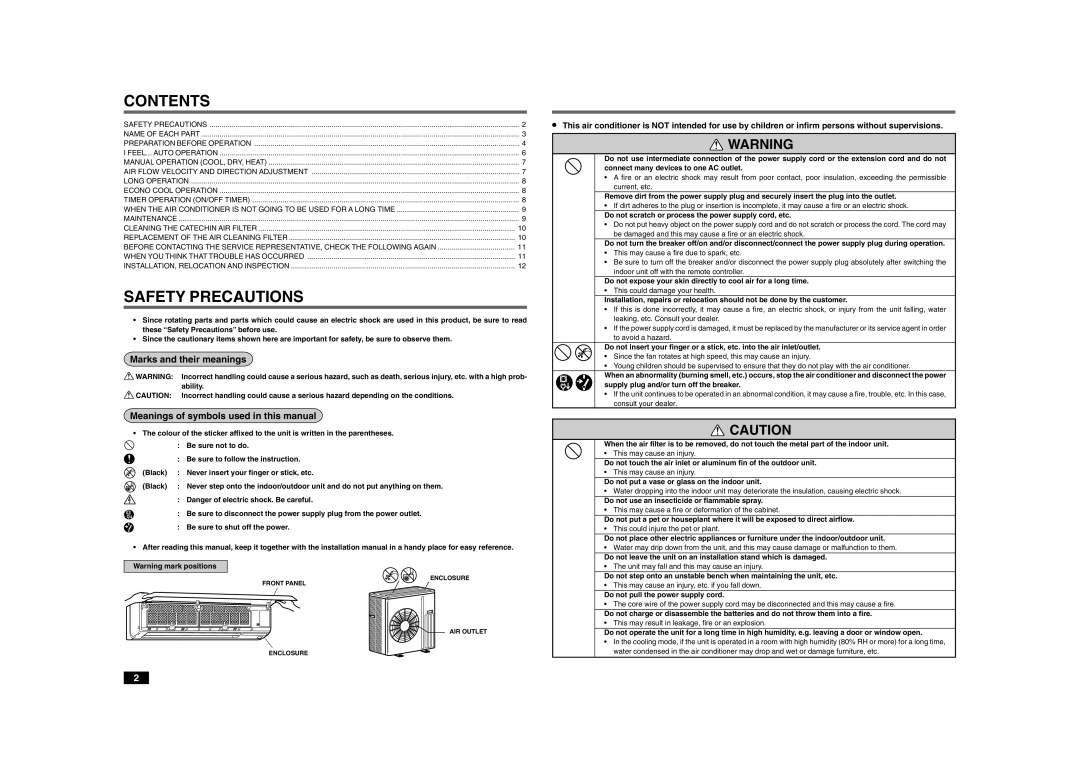 Mitsubishi Electronics MSZ-A24YV, MSZ-A30YV, MSZ-A18YV, MSZ-A26YV operating instructions Contents, Safety Precautions 