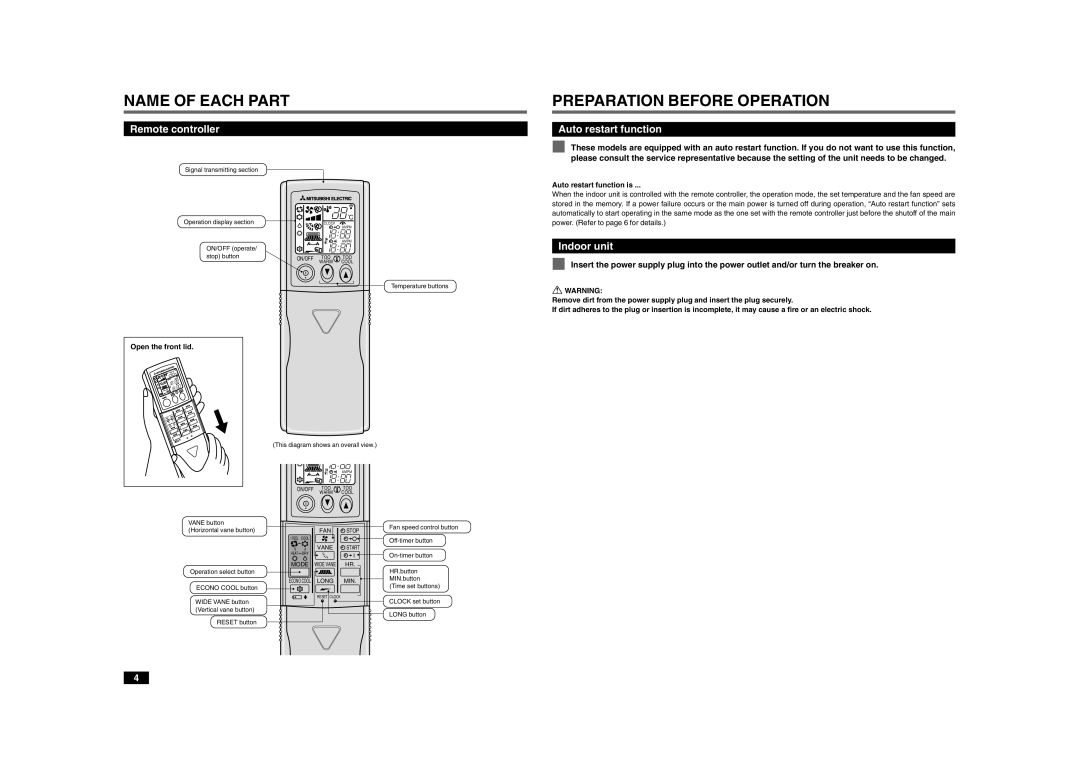 Mitsubishi Electronics MSZ-A30YV Name of Each Part Preparation Before Operation, Remote controller, Auto restart function 