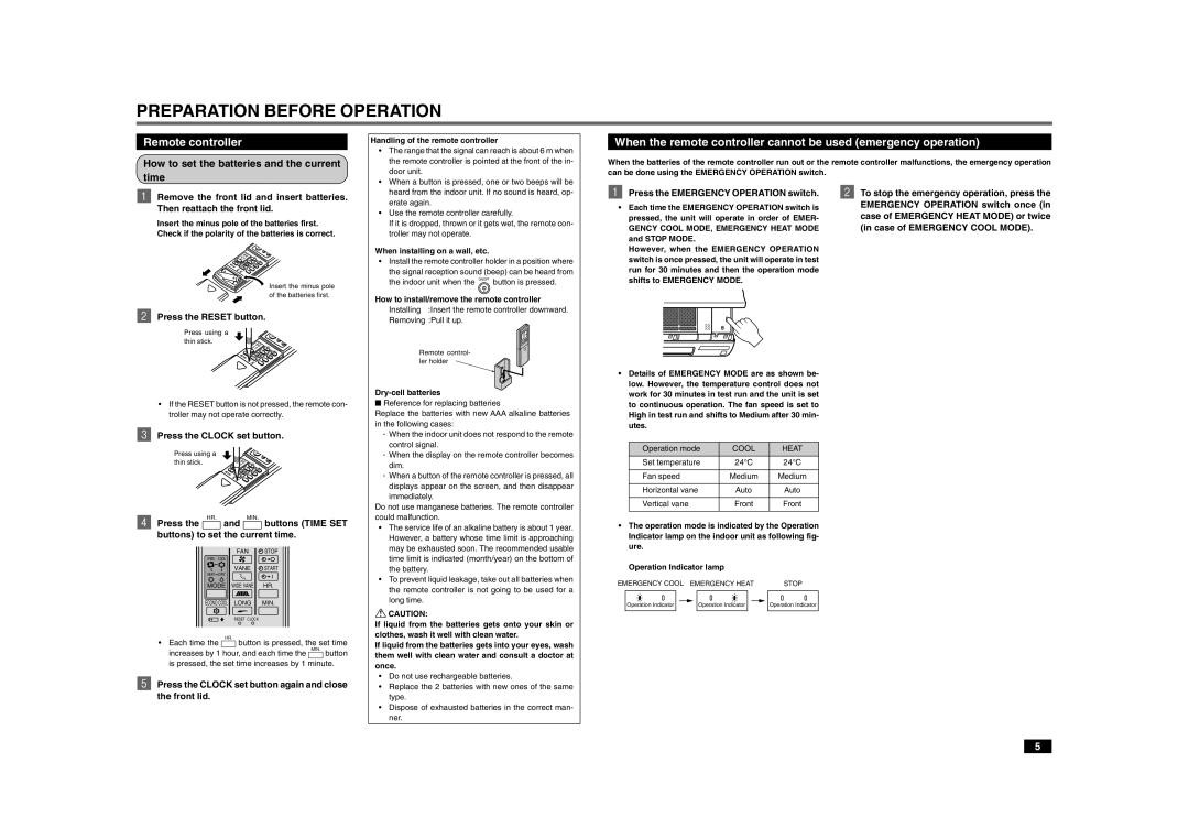 Mitsubishi Electronics MSZ-A18YV, MSZ-A30YV, MSZ-A24YV, MSZ-A26YV How to set the batteries and the current time 