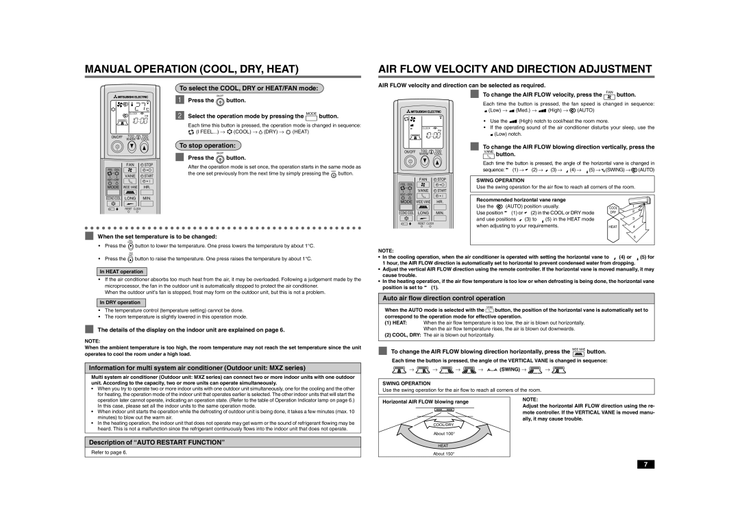 Mitsubishi Electronics MSZ-A26YV To select the COOL, DRY or HEAT/FAN mode, Auto air flow direction control operation 