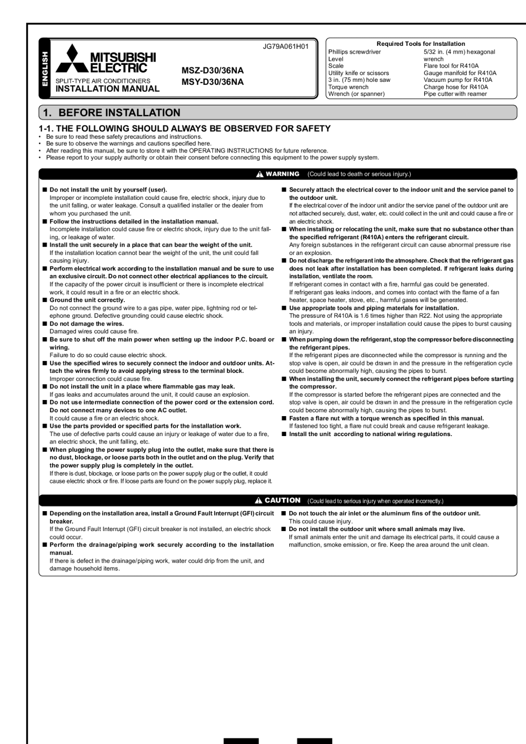 Mitsubishi Electronics MSY-D30/36NA, MSZ-D30/36NA installation manual Before Installation, Installation Manual 