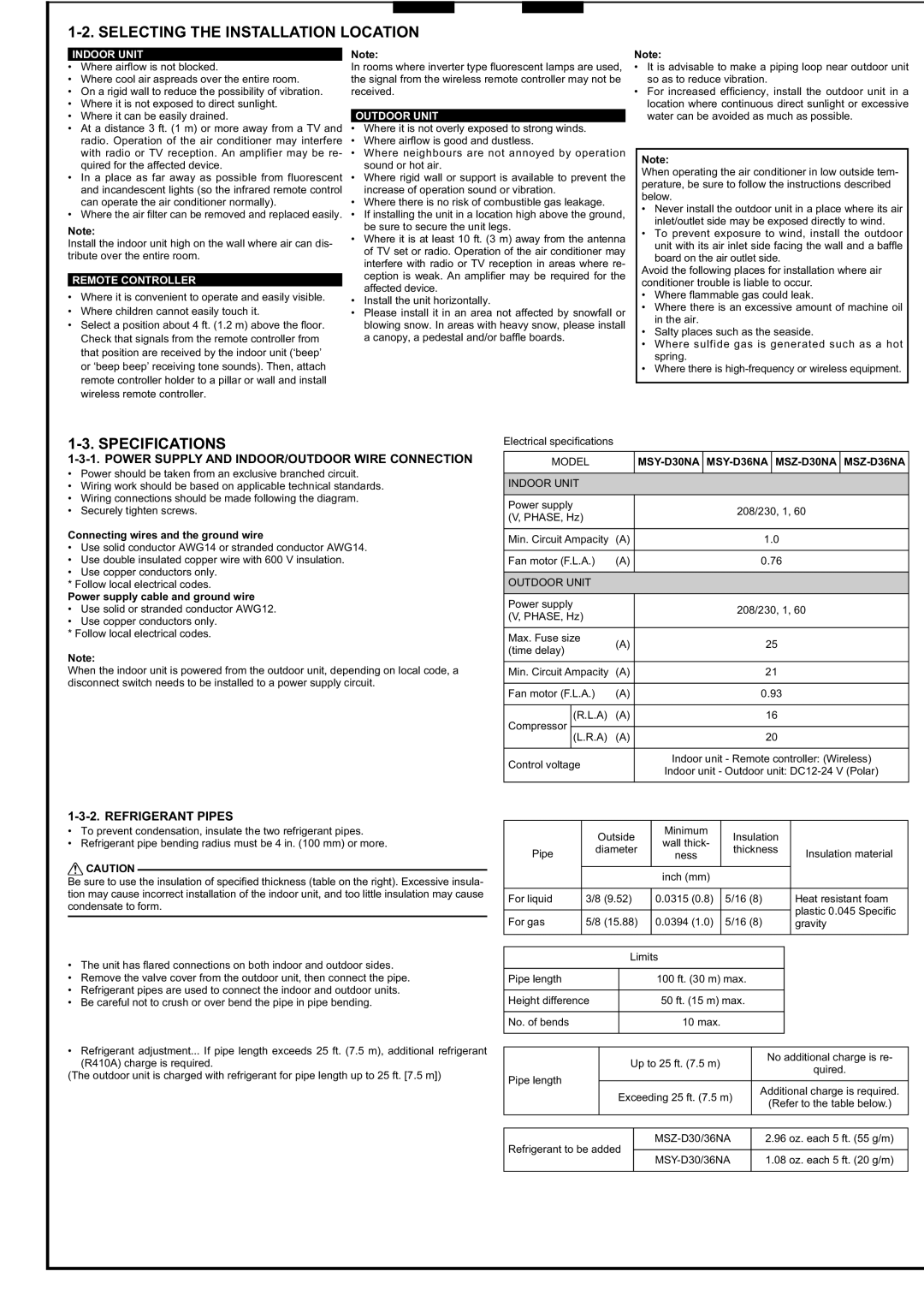 Mitsubishi Electronics MSZ-D30/36NA, MSY-D30/36NA Selecting the Installation Location, Specifications, Refrigerant Pipes 