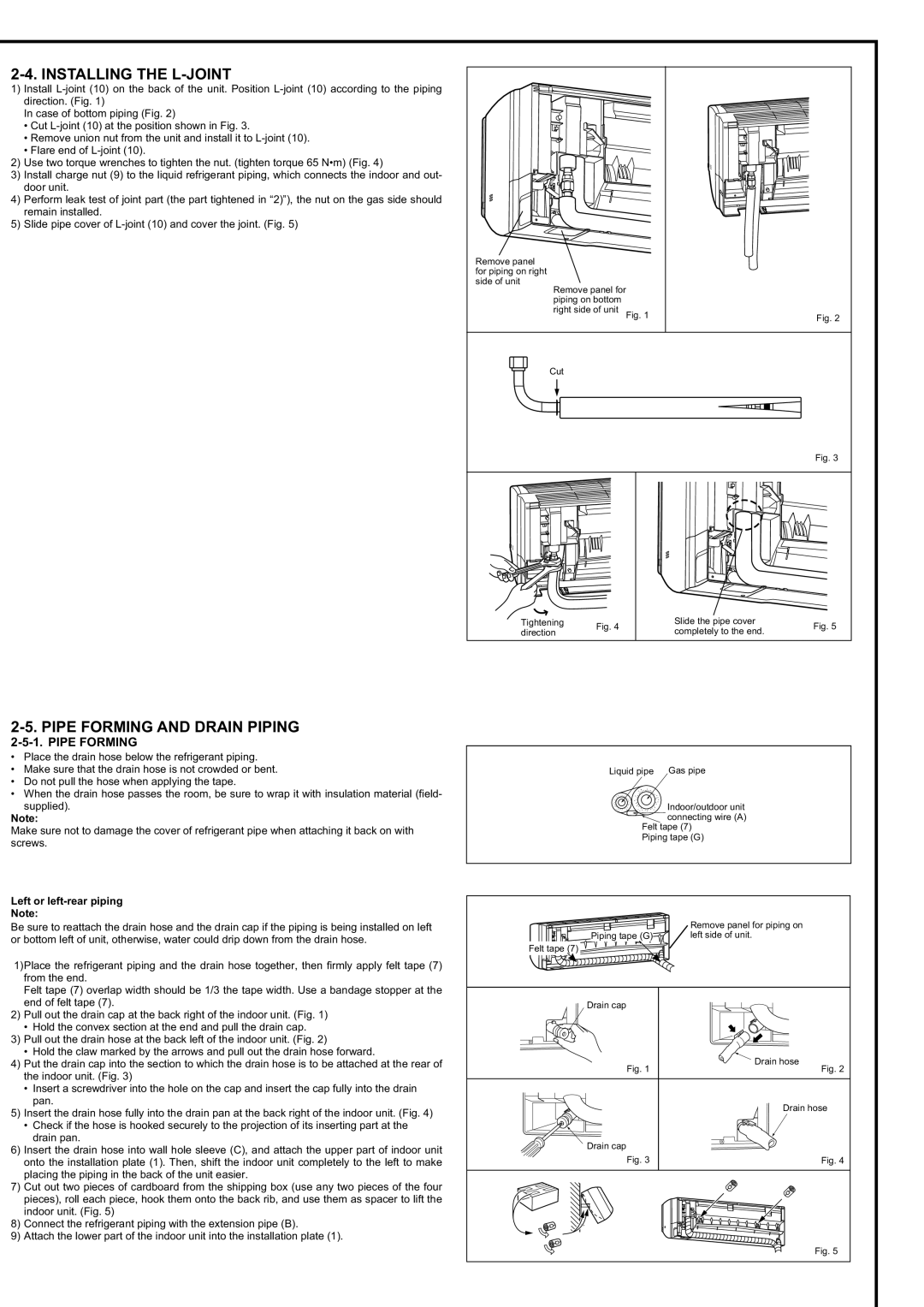 Mitsubishi Electronics MSY-D30/36NA Installing the L-JOINT, Pipe Forming and Drain Piping, Left or left-rear piping 