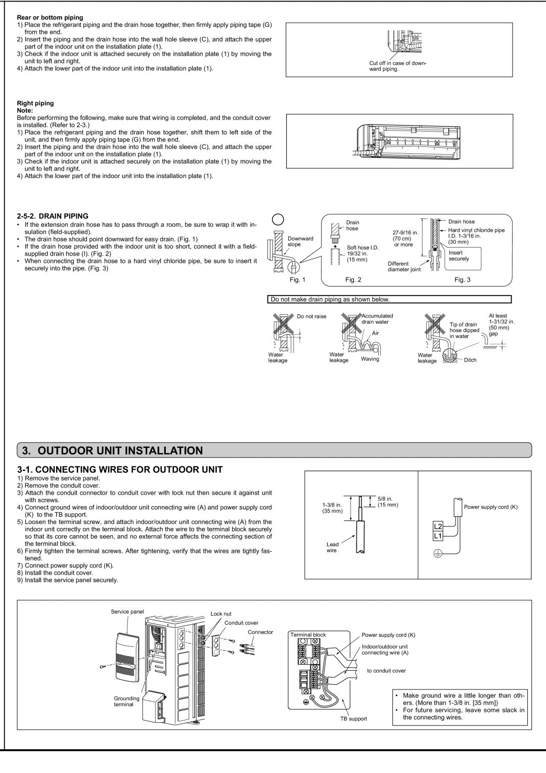 Mitsubishi Electronics MSZ-D30/36NA Outdoor Unit Installation, Connecting Wires for Outdoor Unit, Drain Piping 