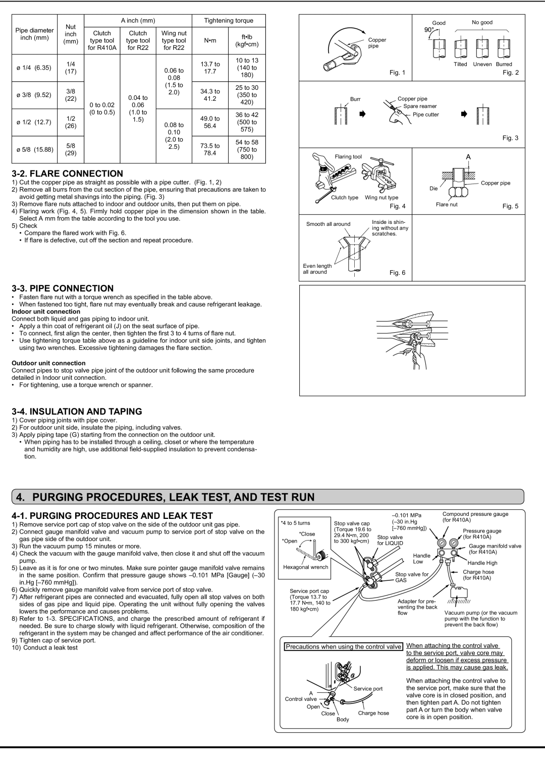 Mitsubishi Electronics MSY-D30/36NA Purging PROCEDURES, Leak TEST, and Test RUN, Flare Connection, Pipe Connection 