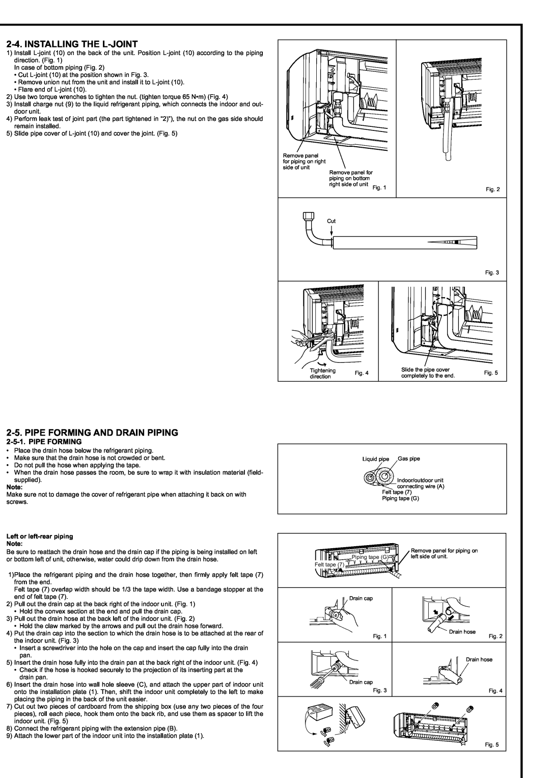 Mitsubishi Electronics MSY-D30/36NA Installing The L-Joint, Pipe Forming And Drain Piping, Left or left-rear piping 