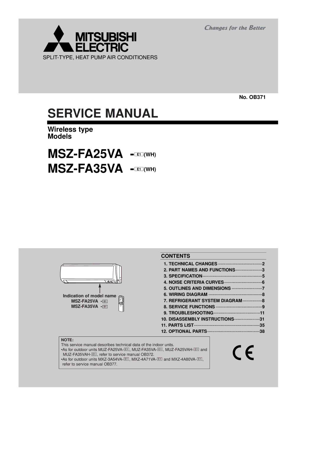 Mitsubishi Electronics service manual MSZ-FA25VA E1 MSZ-FA35VA E1, Contents 