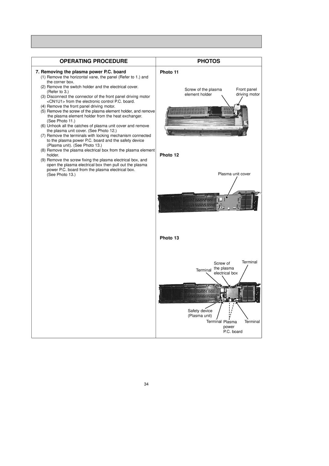 Mitsubishi Electronics MSZ-FA25VA, MSZ-FA35VA service manual Removing the plasma power P.C. board Photo 