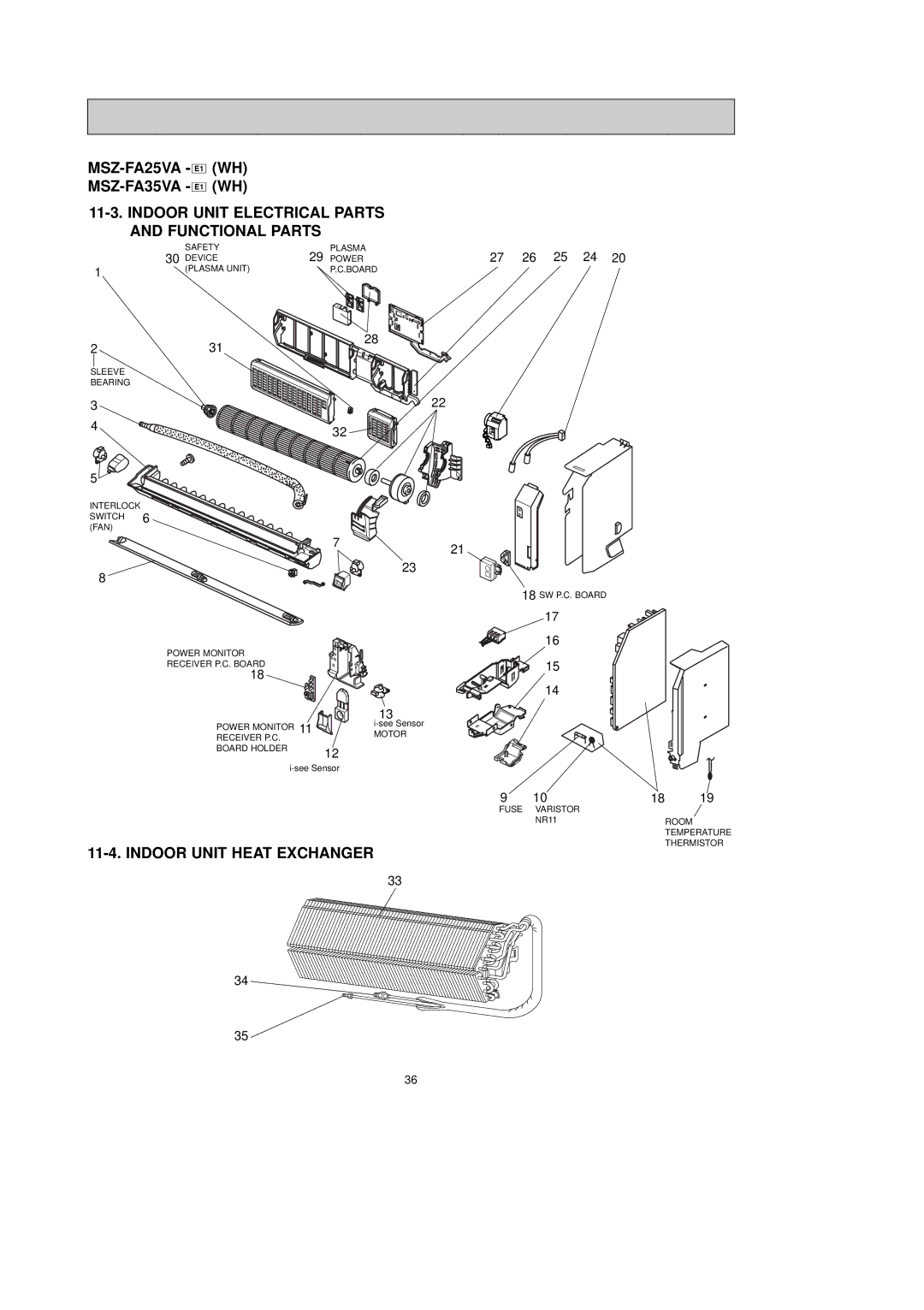 Mitsubishi Electronics MSZ-FA25VA Indoor Unit Electrical Parts and Functional Parts, Indoor Unit Heat Exchanger, Fuse 