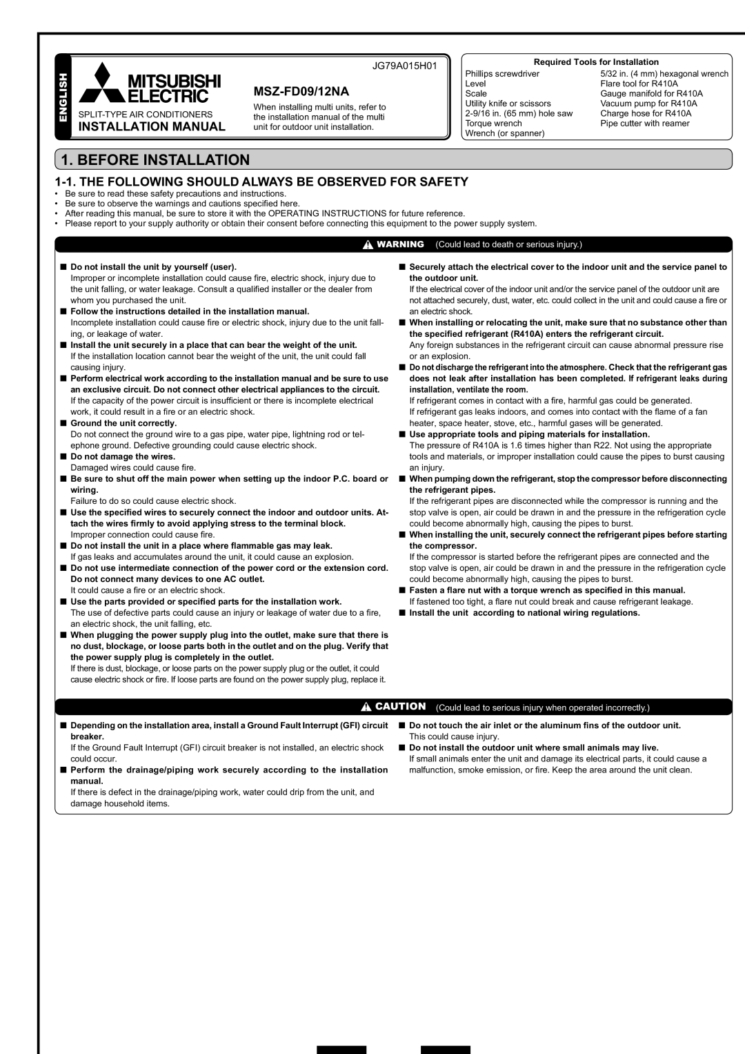 Mitsubishi Electronics MSZ-FD09/12NA installation manual Before Installation, Installation Manual 