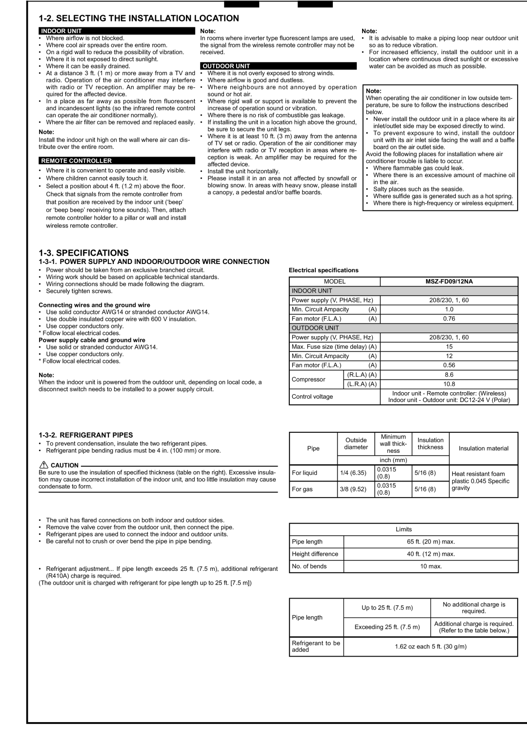 Mitsubishi Electronics MSZ-FD09/12NA Selecting the Installation Location, Specifications, Refrigerant Pipes 