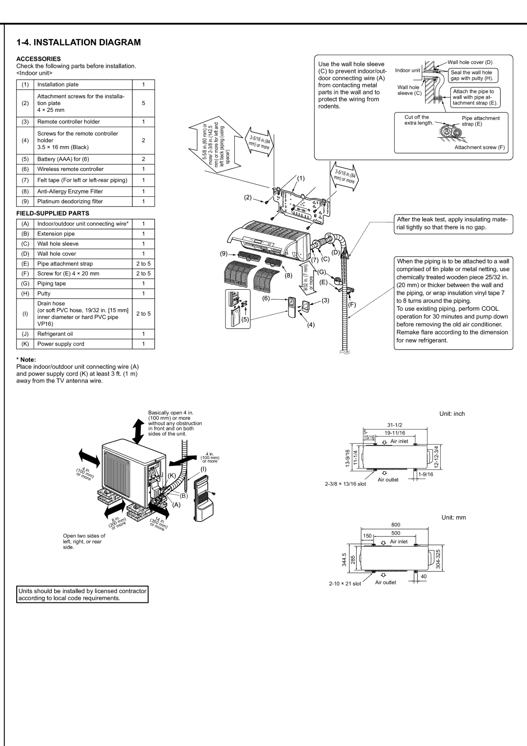 Mitsubishi Electronics MSZ-FD09/12NA installation manual Installation Diagram, Accessories, FIELD-SUPPLIED Parts 