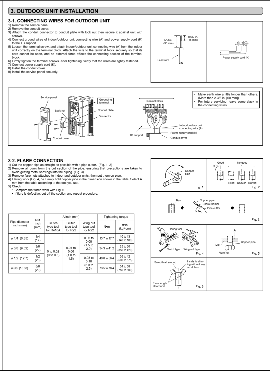 Mitsubishi Electronics MSZ-FD09/12NA Outdoor Unit Installation, Connecting Wires for Outdoor Unit, Flare Connection 