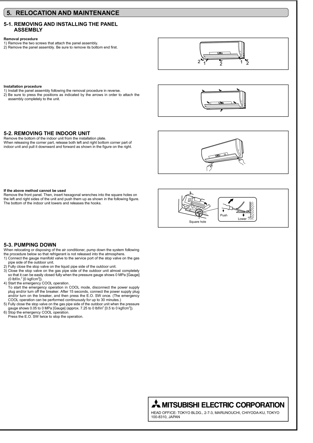 Mitsubishi Electronics MSZ-FD09/12NA Relocation and Maintenance, Removing and Installing the Panel Assembly, Pumping Down 