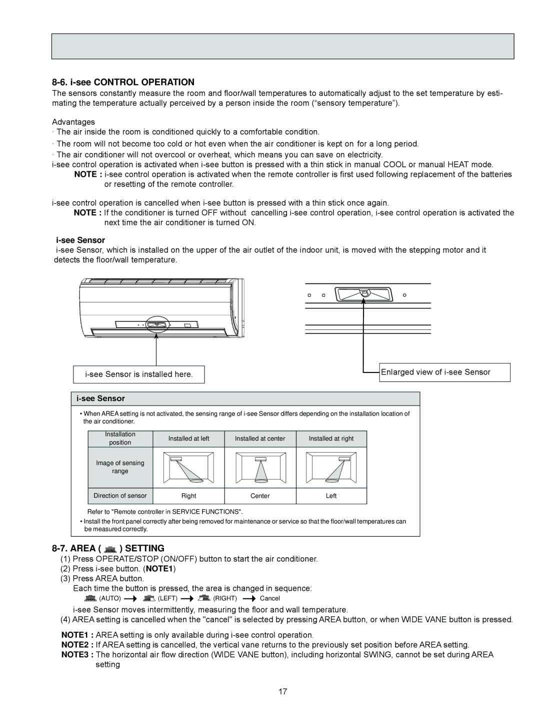 Mitsubishi Electronics MSZ-FD09NA See Control Operation, Area Setting, See Sensor, Enlarged view of i-see Sensor 