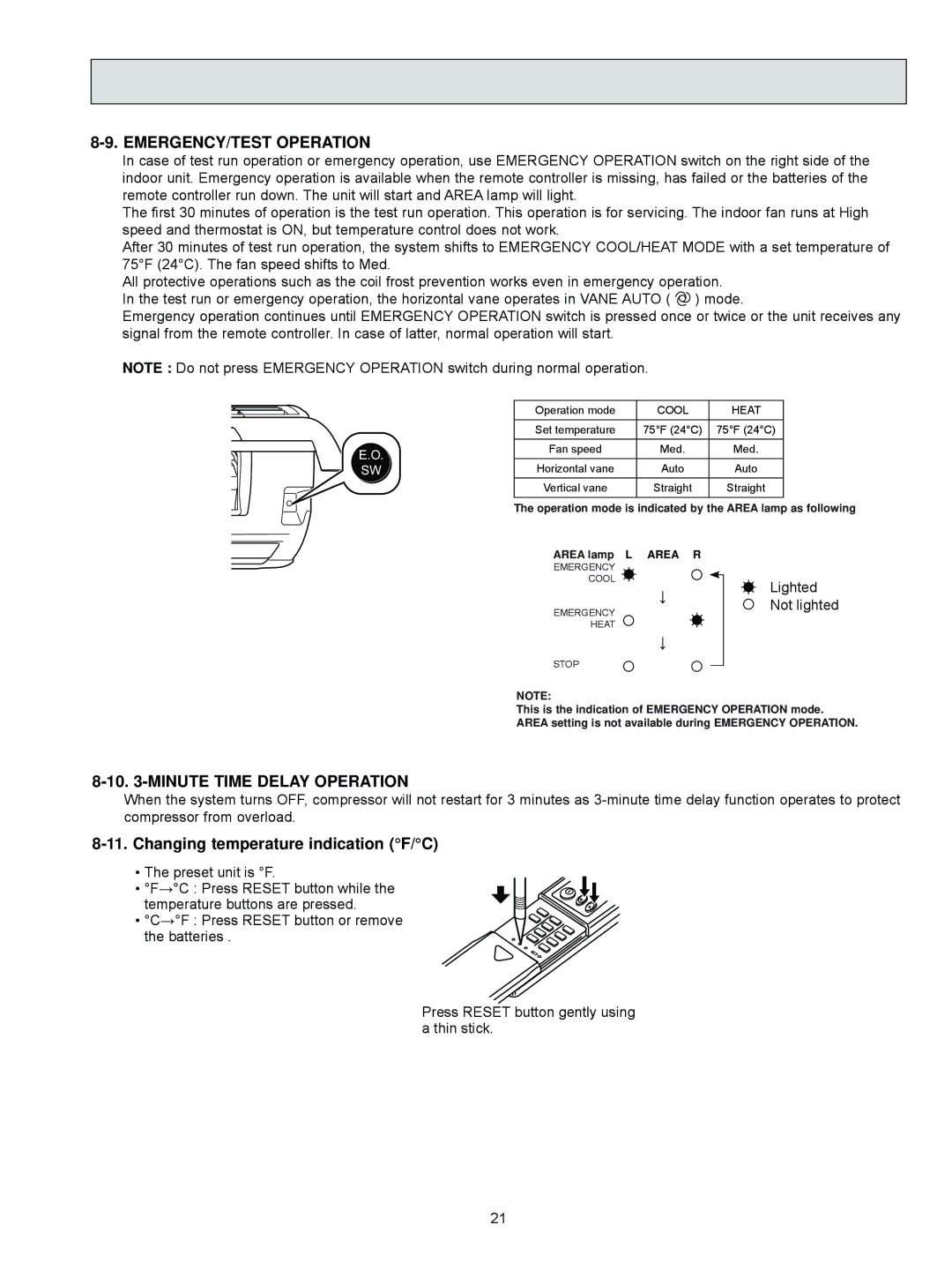 Mitsubishi Electronics MSZ-FD09NA service manual EMERGENCY/TEST Operation, Minute Time Delay Operation 