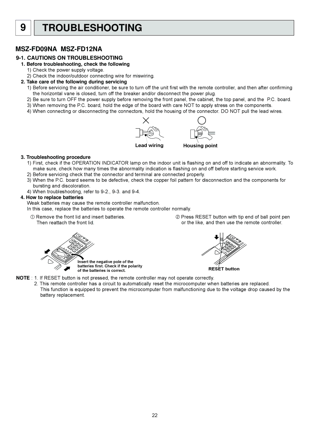 Mitsubishi Electronics MSZ-FD09NA Troubleshooting, Before troubleshooting, check the following, How to replace batteries 