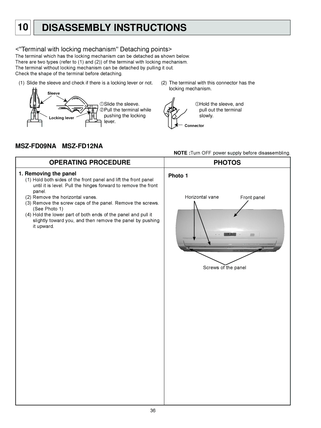 Mitsubishi Electronics MSZ-FD09NA service manual Disassembly Instructions, Removing the panel Photo 