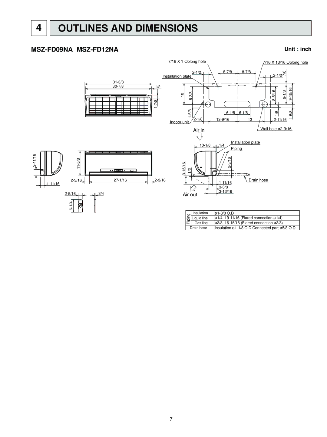 Mitsubishi Electronics MSZ-FD09NA service manual Outlines and Dimensions, Unit inch, Air out 