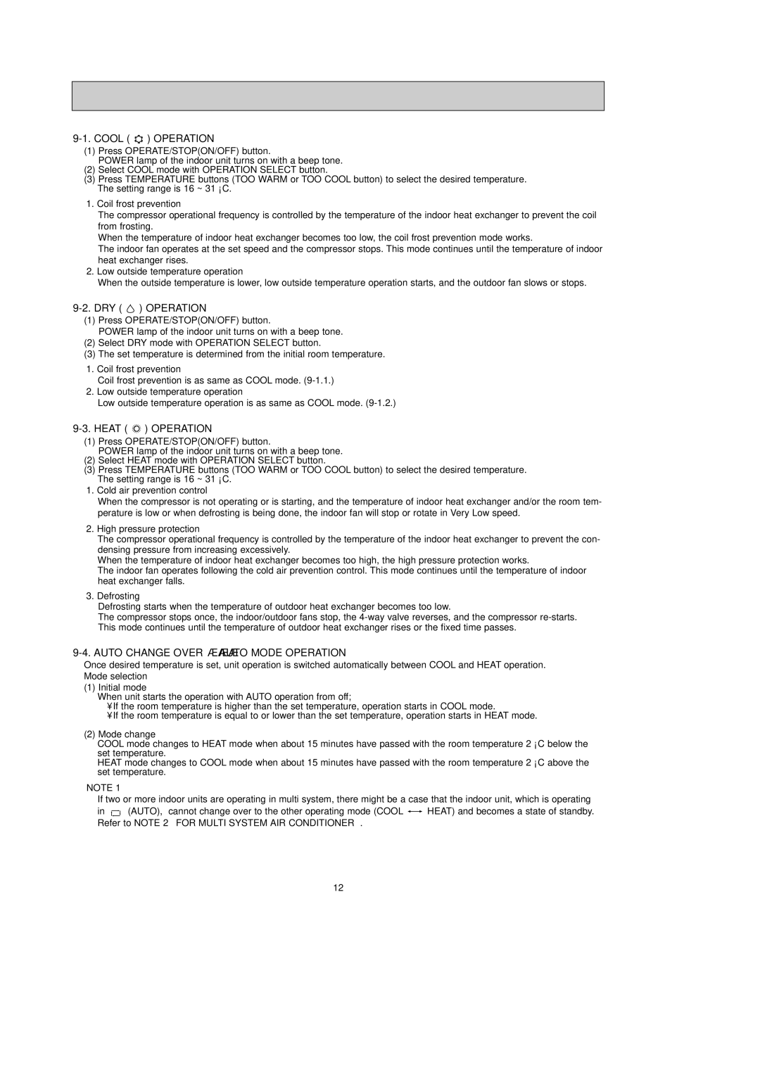 Mitsubishi Electronics MSZ-FD25VA Cool Operation, DRY Operation, Heat Operation, Auto Change Over ··· Auto Mode Operation 