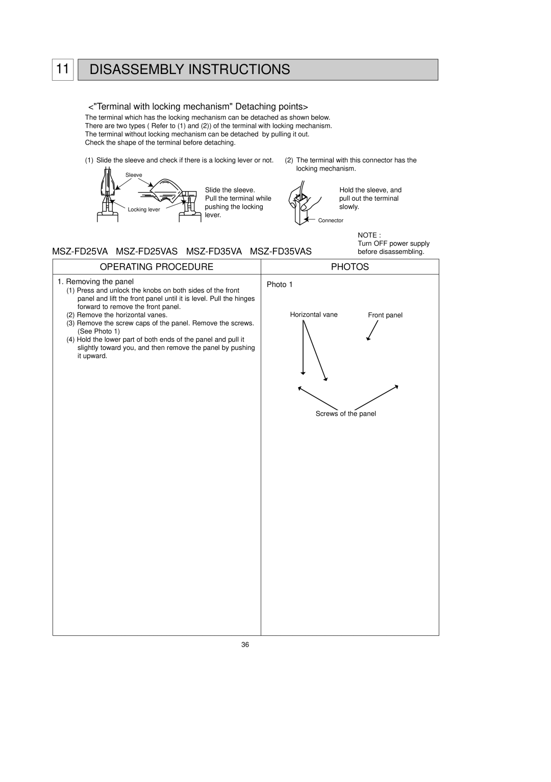 Mitsubishi Electronics MSZ-FD25VAS, MSZ-FD35VAS service manual Disassembly Instructions, Removing the panel Photo 