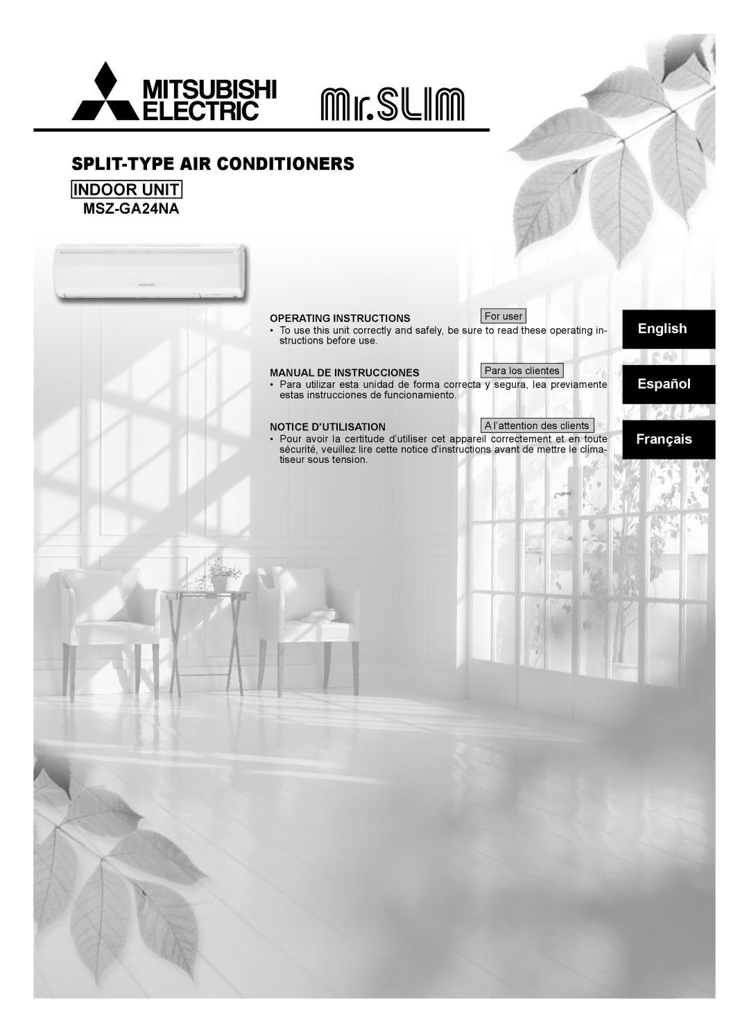 Mitsubishi Electronics MSZ-GA24NA operating instructions SPLIT-TYPE AIR Conditioners, For user 