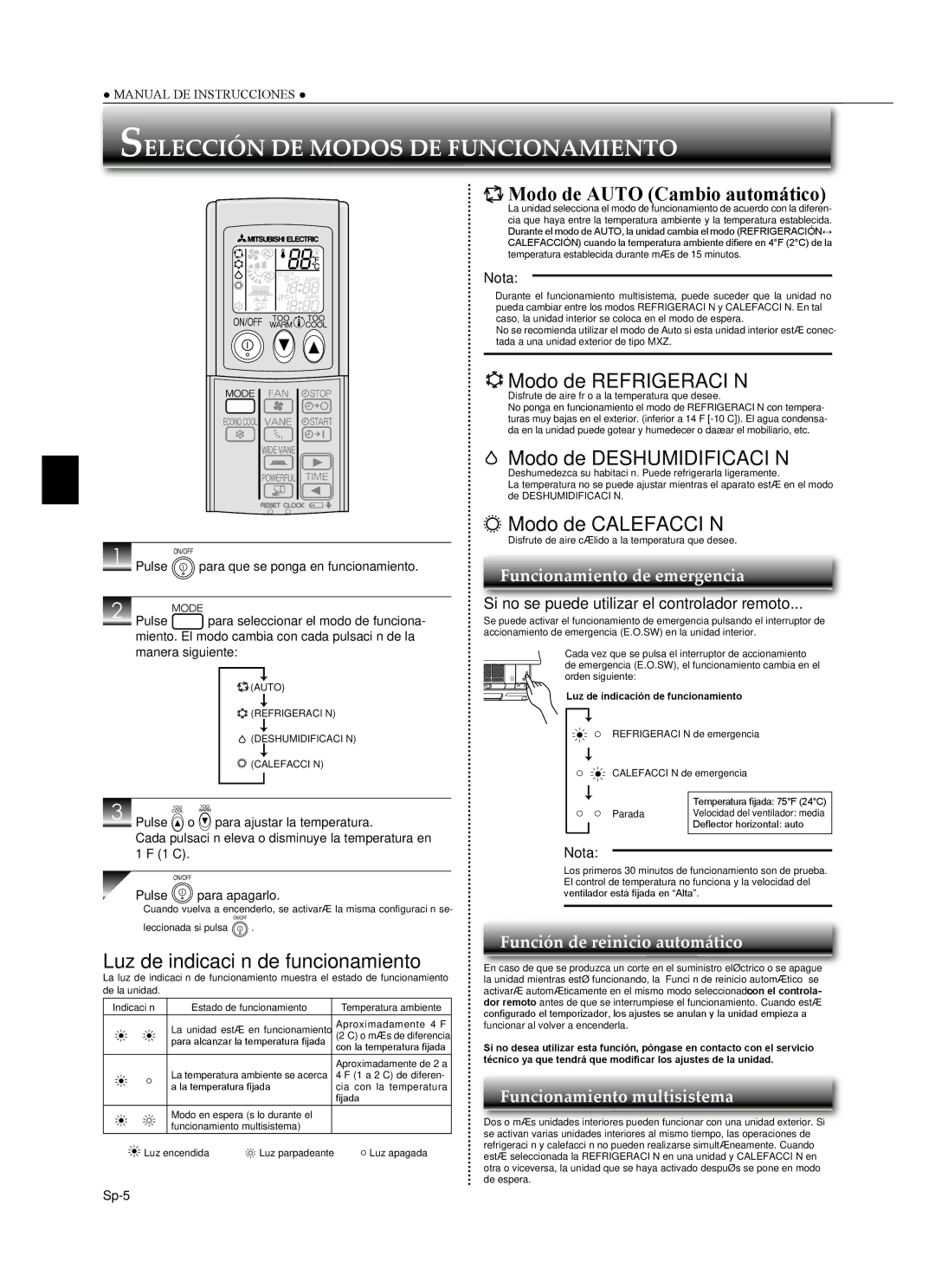 Mitsubishi Electronics MSZ-GA24NA operating instructions Selección DE Modos DE Funcionamiento 