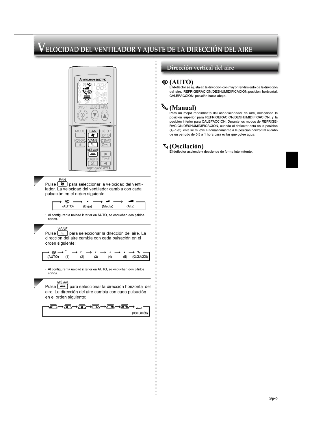 Mitsubishi Electronics MSZ-GA24NA Oscilación, Pulse, Dirección del aire cambia con cada pulsación en el, Orden siguiente 