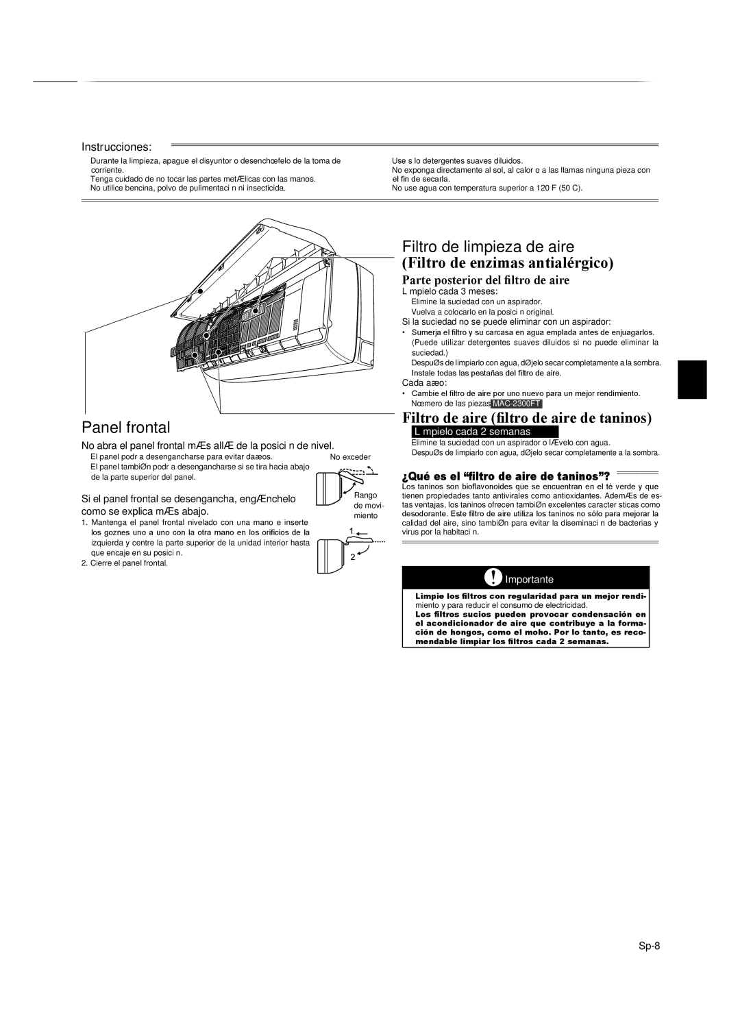 Mitsubishi Electronics MSZ-GA24NA Limpieza, Filtro de aire ﬁltro de aire de taninos, Parte posterior del ﬁltro de aire 