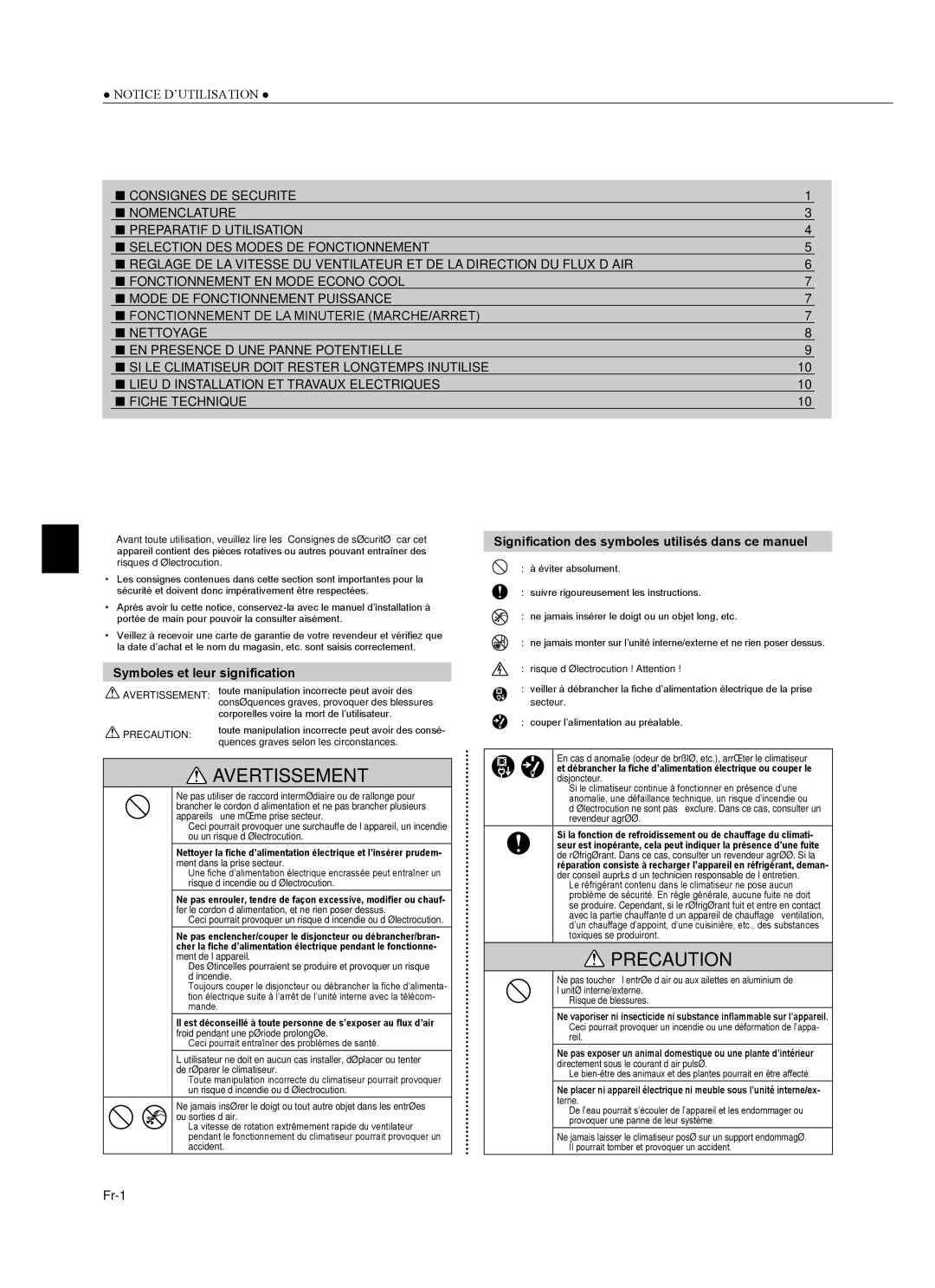 Mitsubishi Electronics MSZ-GA24NA Table DES Matieres, Consignes DE Securite, Symboles et leur signiﬁcation, Precaution 