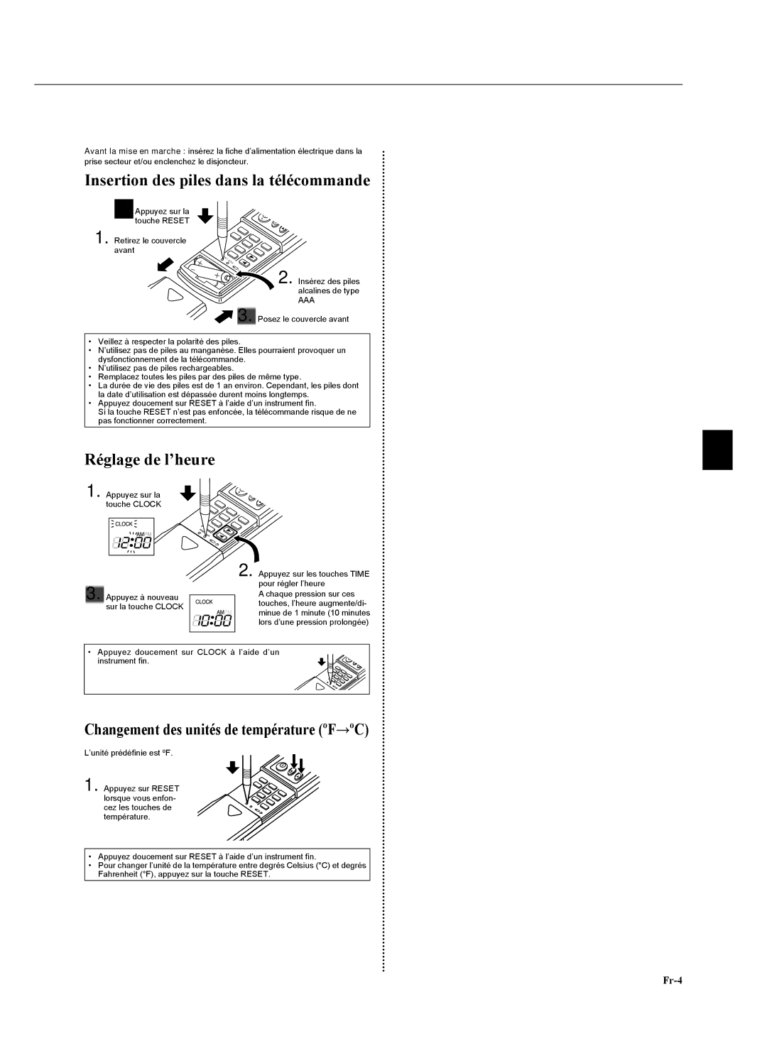 Mitsubishi Electronics MSZ-GA24NA Preparatif D’UTILISATION, Insertion des piles dans la télécommande, Réglage de l’heure 