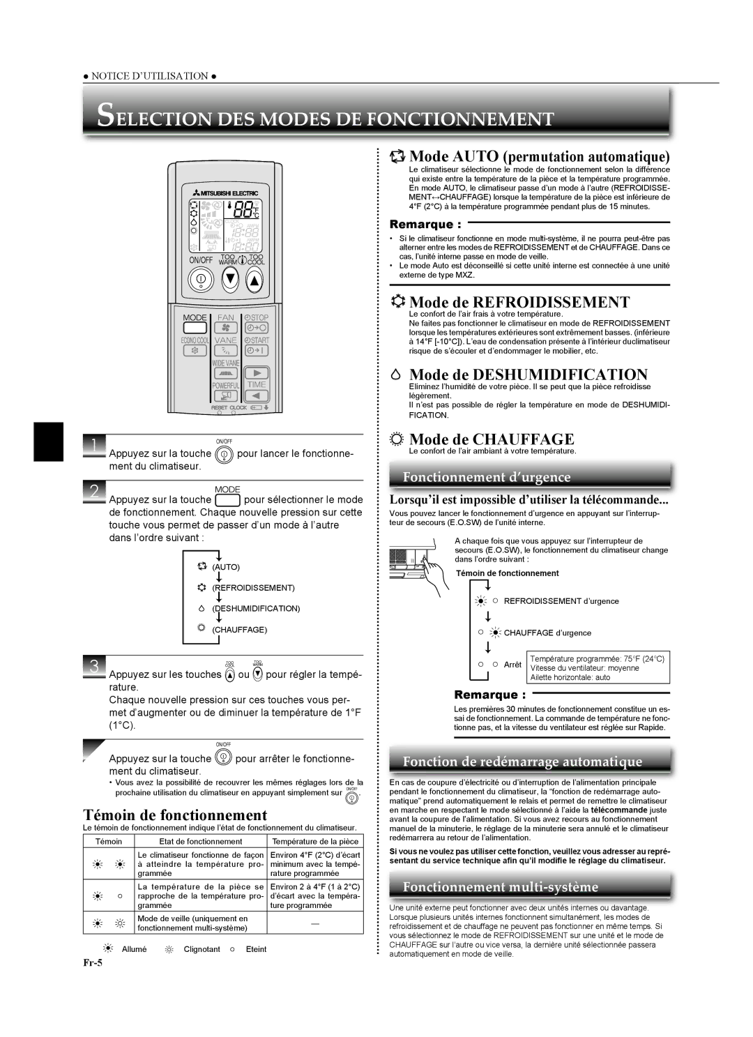 Mitsubishi Electronics MSZ-GA24NA operating instructions Selection DES Modes DE Fonctionnement 