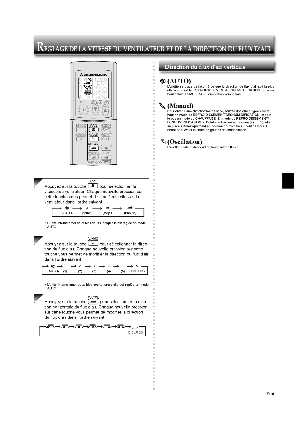 Mitsubishi Electronics MSZ-GA24NA Manuel, Oscillation, Auto, ’ailette monte et descend de façon intermittente 