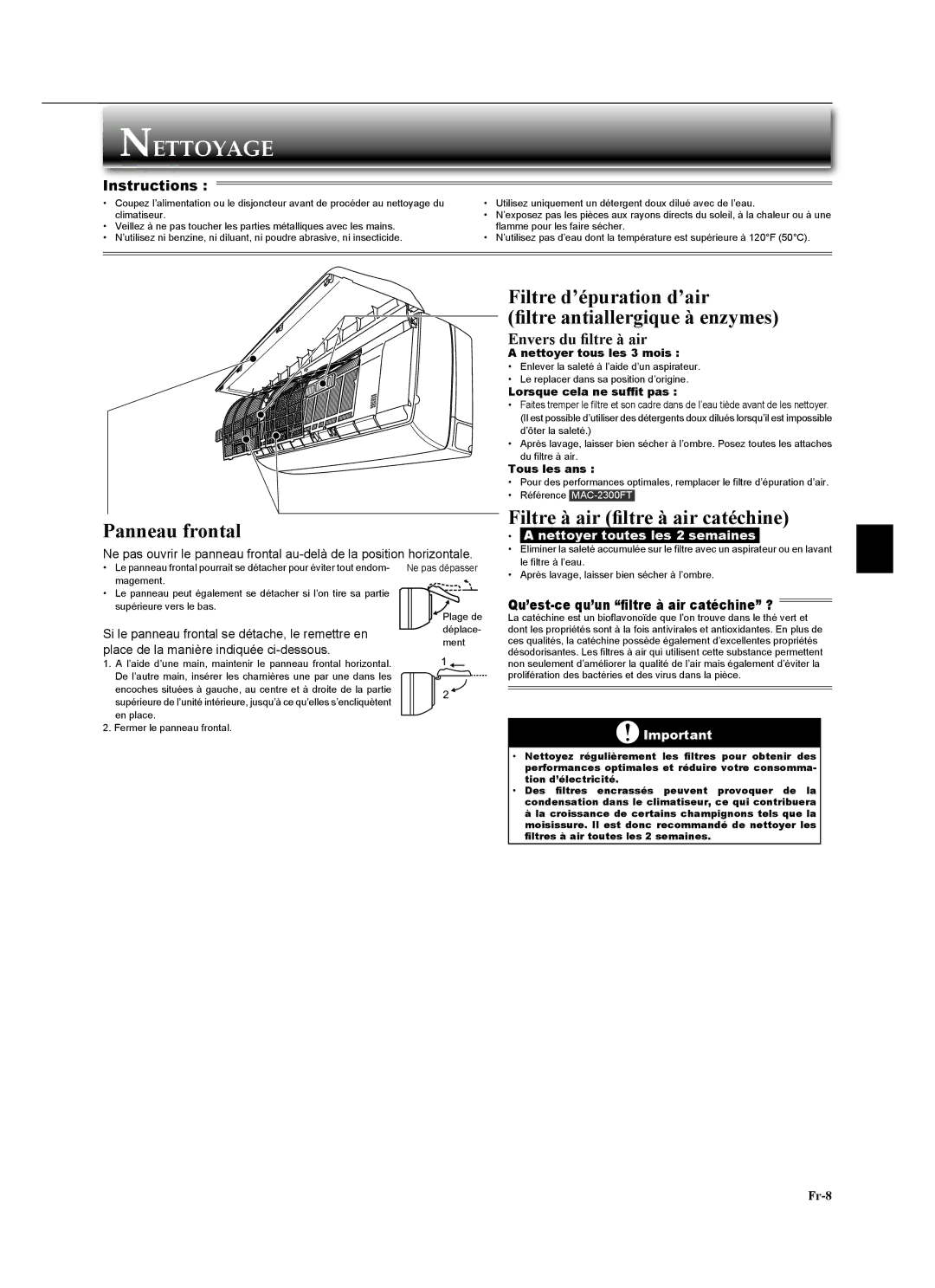 Mitsubishi Electronics MSZ-GA24NA Nettoyage, Panneau frontal, Filtre d’épuration d’air ﬁltre antiallergique à enzymes 