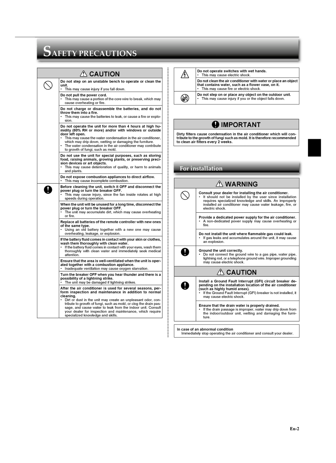 Mitsubishi Electronics MSZ-GA24NA Do not pull the power cord, Do not expose combustion appliances to direct airﬂow 